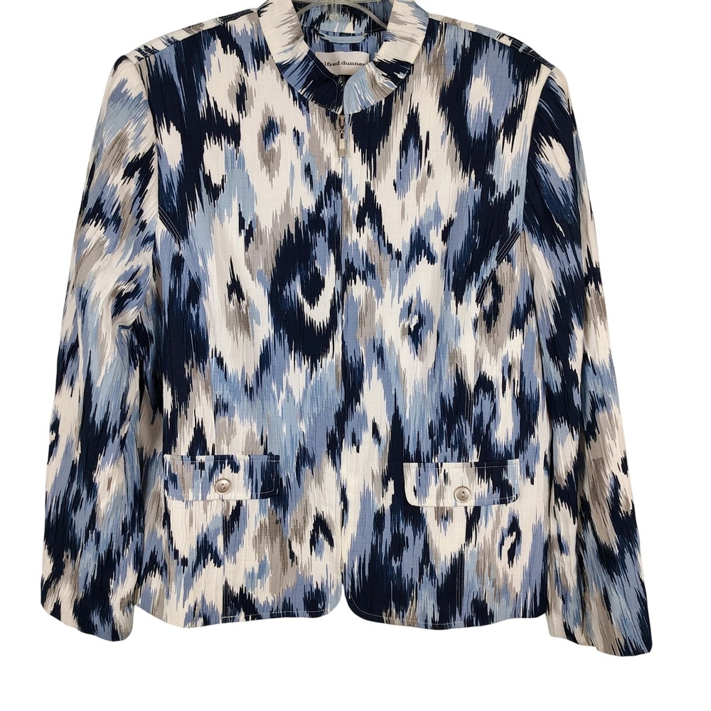 Alfred Dunner Womens SZ 16 Jacket Blue White Ikat Abstract Zip Front Career